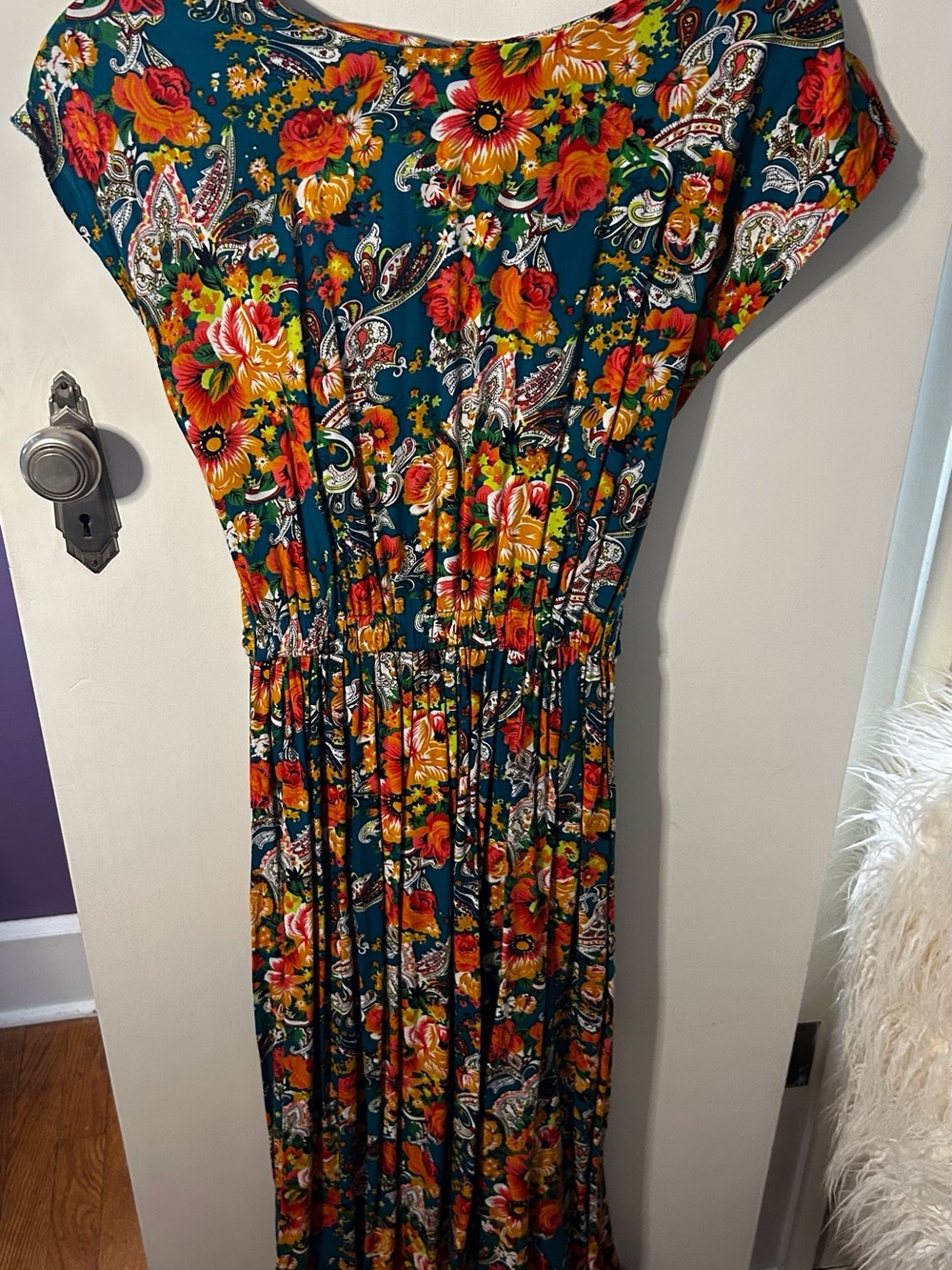 Teal Floral Maxi Dress with Orange & Yellow Blooms